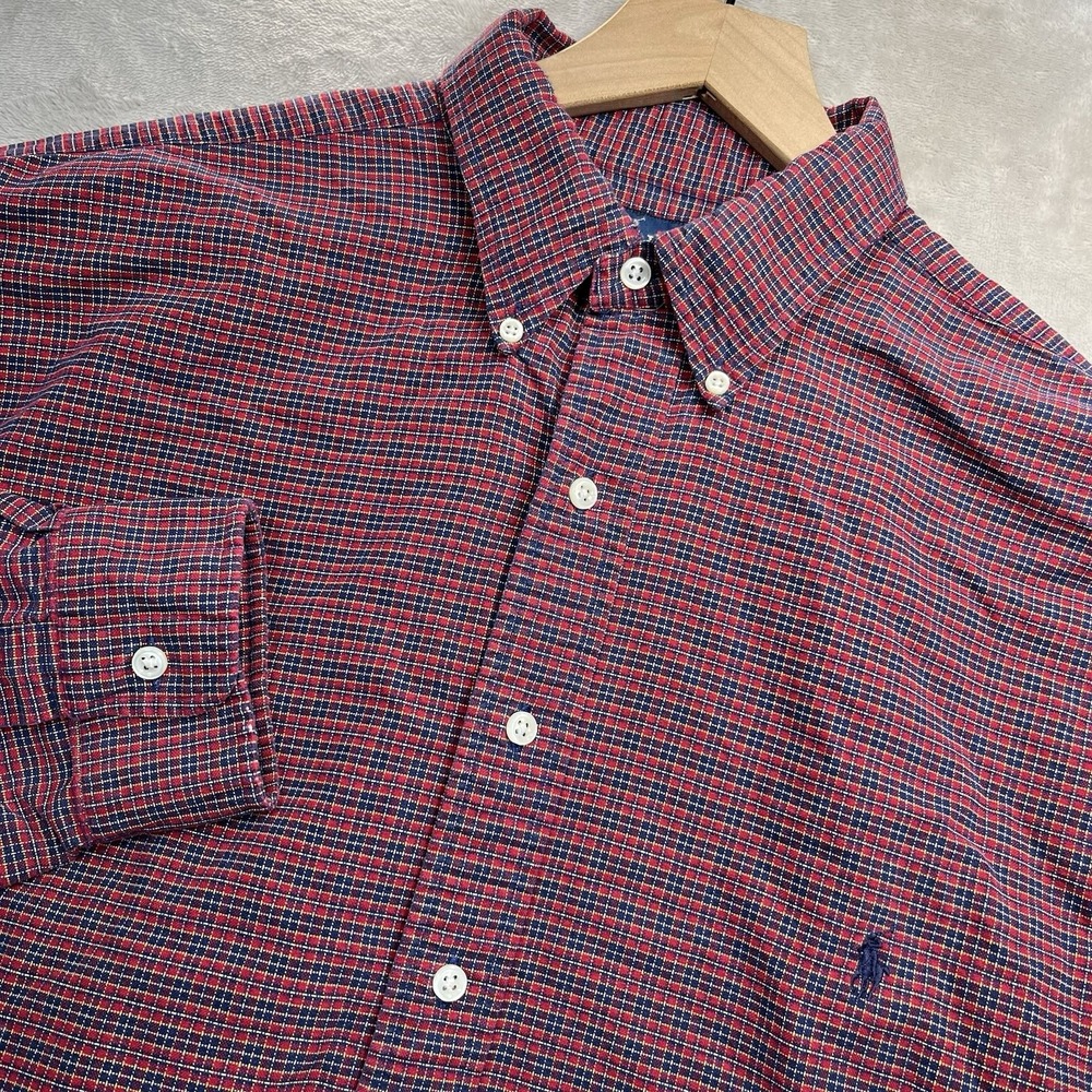 Ralph Lauren Button Down Shirt Mens L Tall Red Blue Plaid Long Sleeve